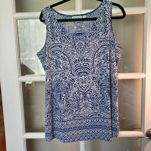 Susan Graver Blue & White Patterned Silky Women's Top 1X Price Firm